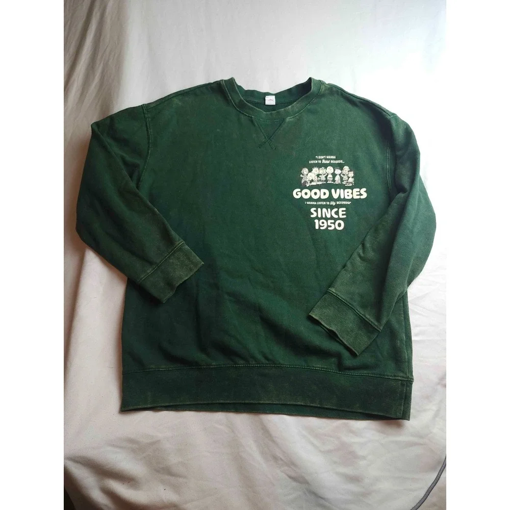 Old Navy Peanuts Records Good Vibes 1950 Sweatshirt Kids XL 14-16 Green Gorpcore